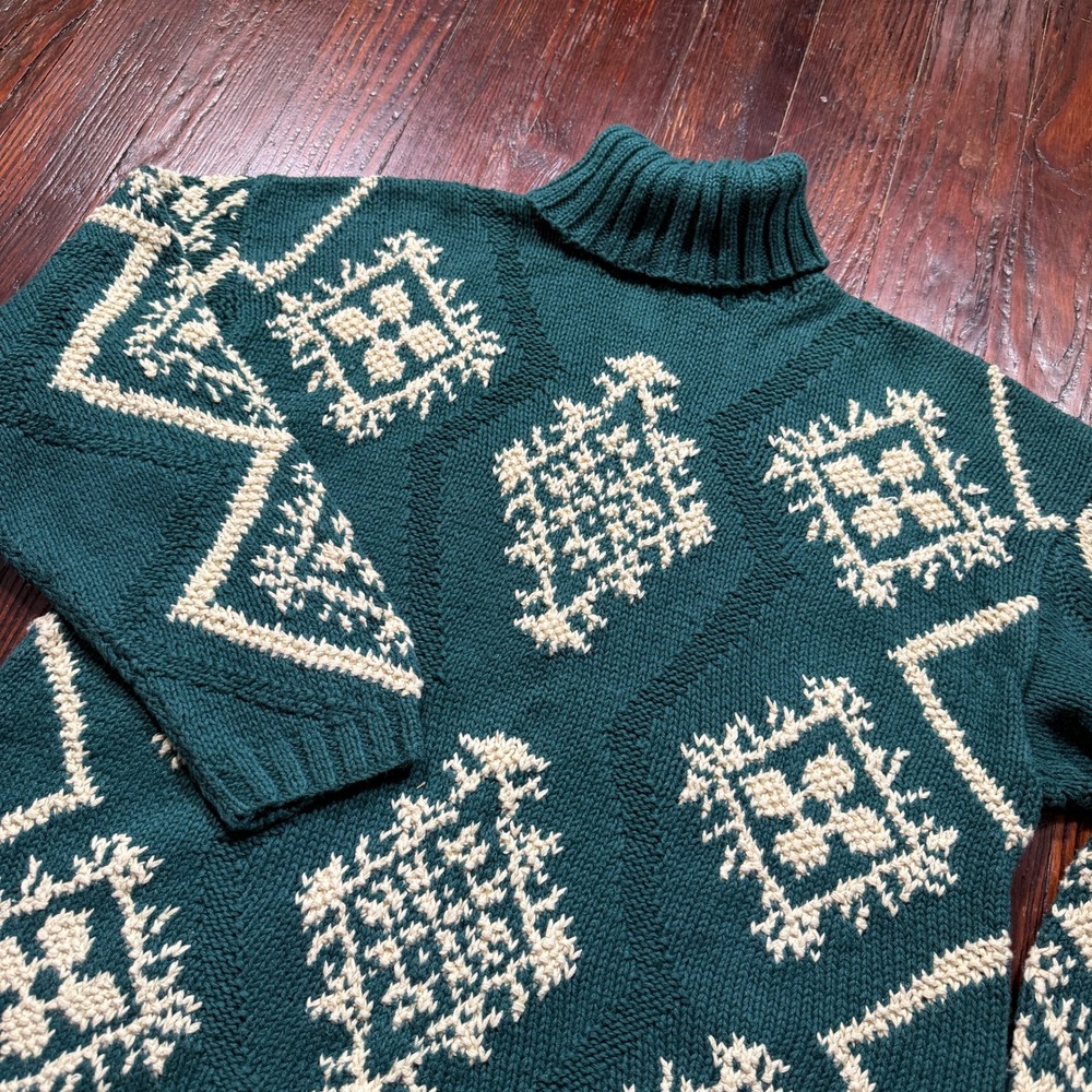 Vintage 90s Lydia Jane Sweater Womens L Green Hand Knitted Geometric Turtleneck